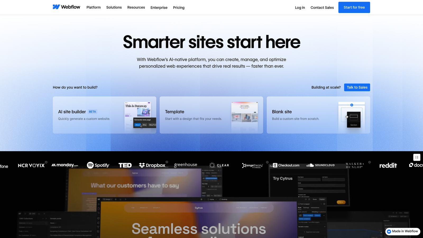 Screenshot of Webflow website homepage