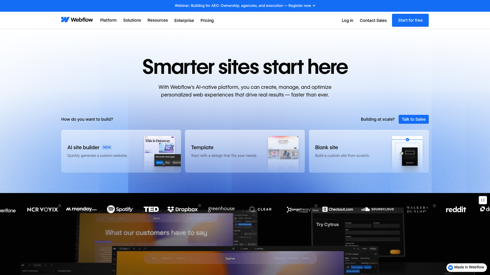 Screenshot of Webflow website