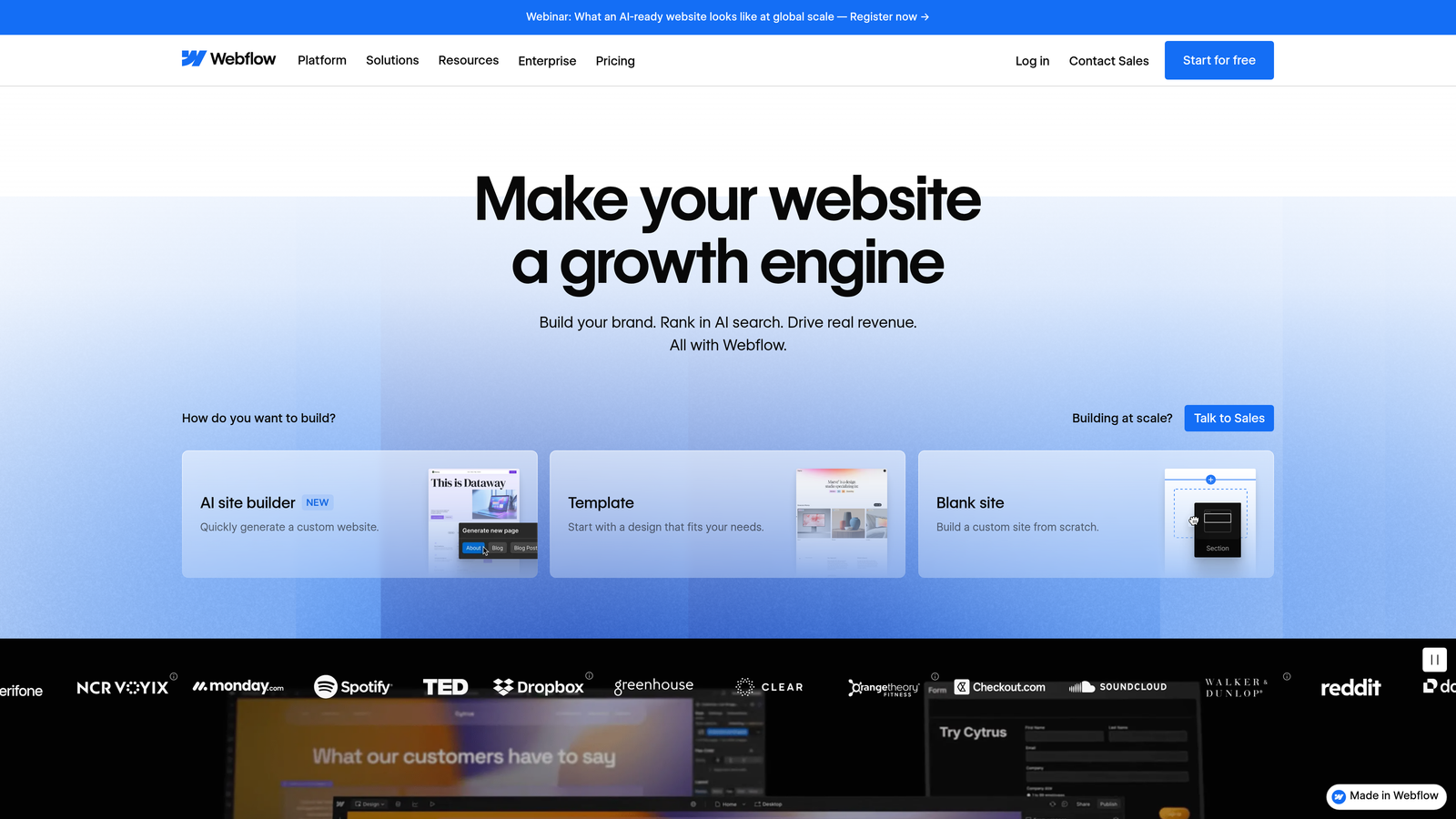 Screenshot of Webflow website