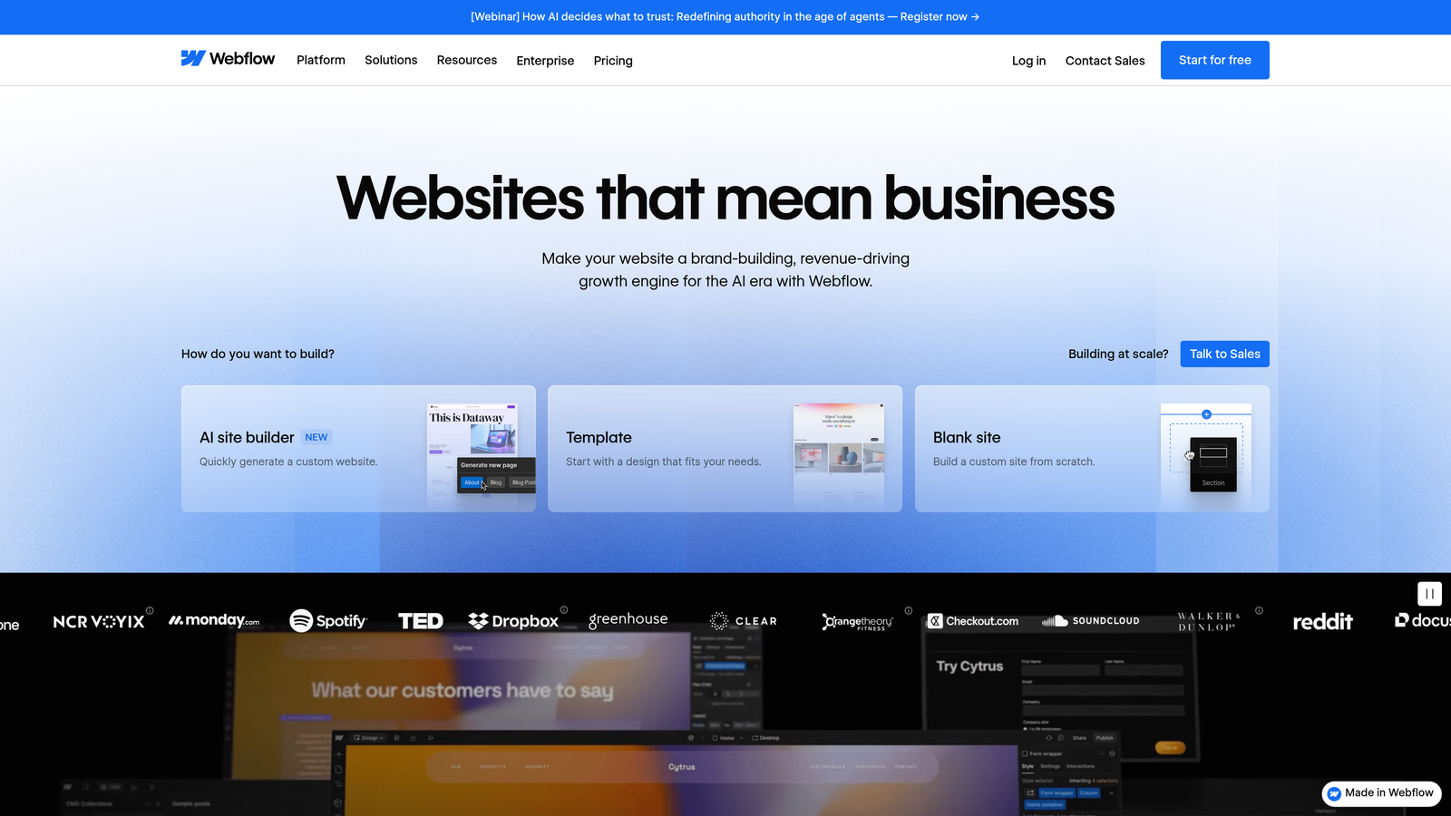Screenshot of Webflow website