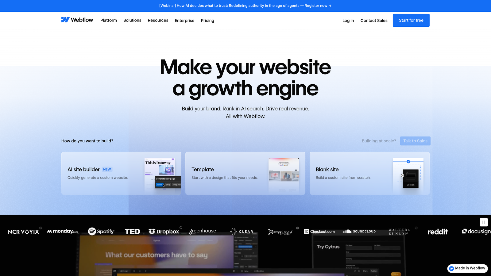 Screenshot of Webflow website