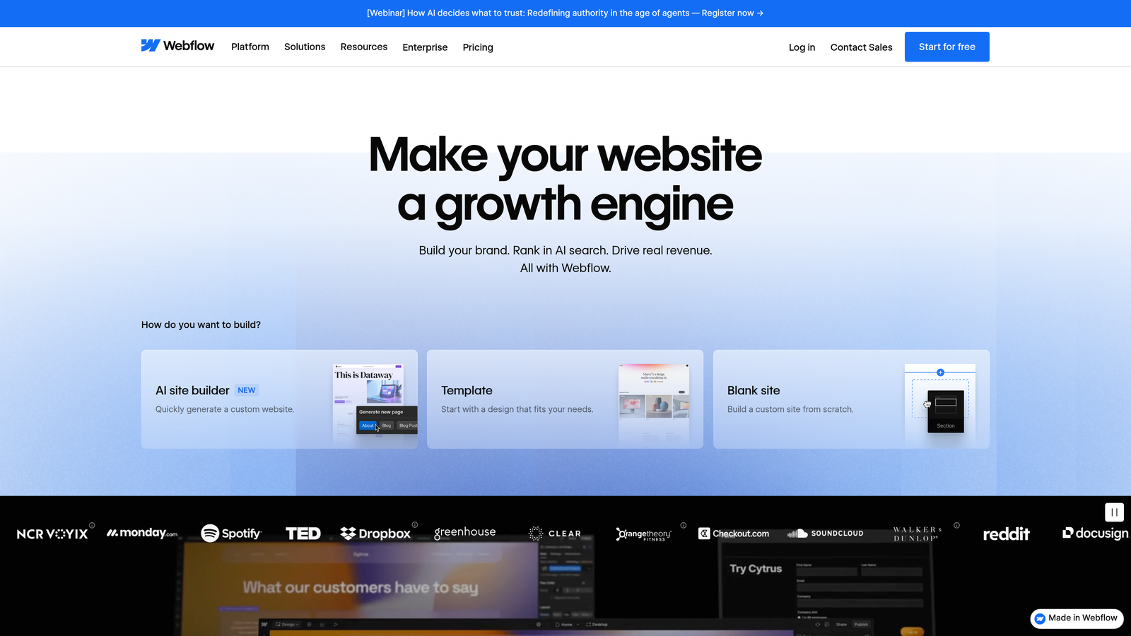 Screenshot of Webflow website