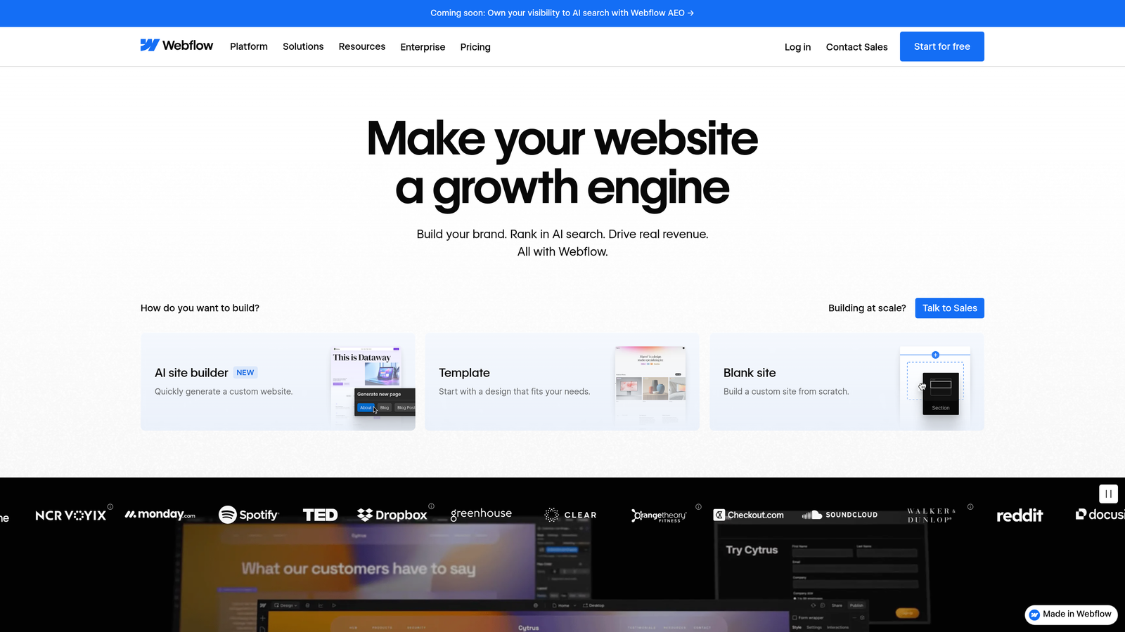 Screenshot of Webflow website