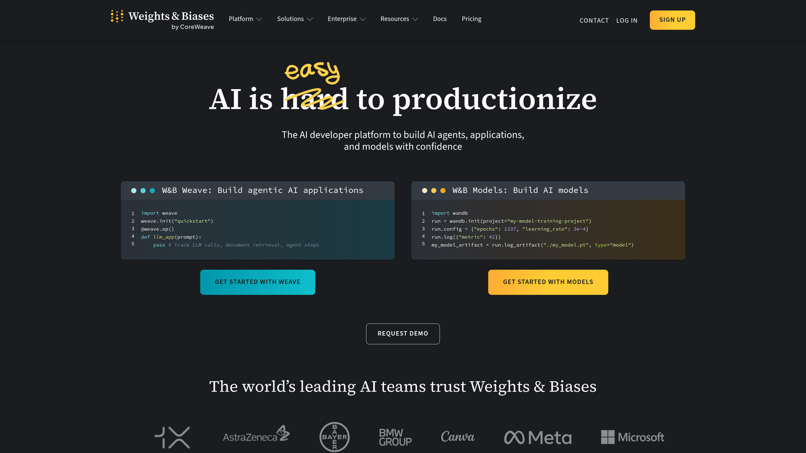 Screenshot of Weights & Biases (W&B Weave) website