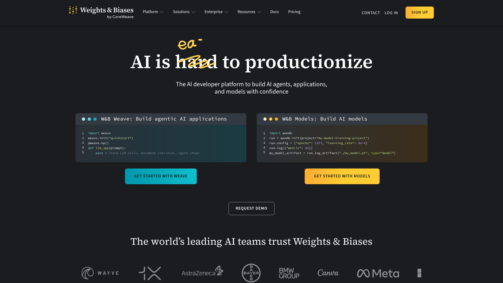 Screenshot of Weights & Biases website
