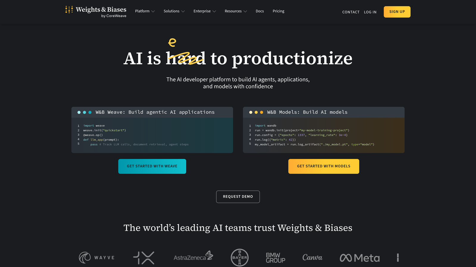 Screenshot of Weights & Biases website