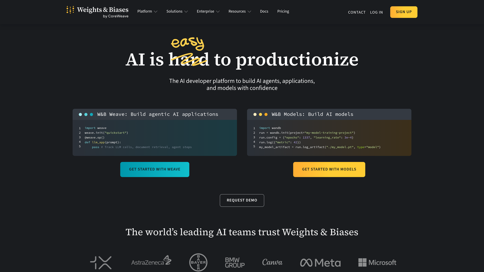 Screenshot of Weights & Biases website