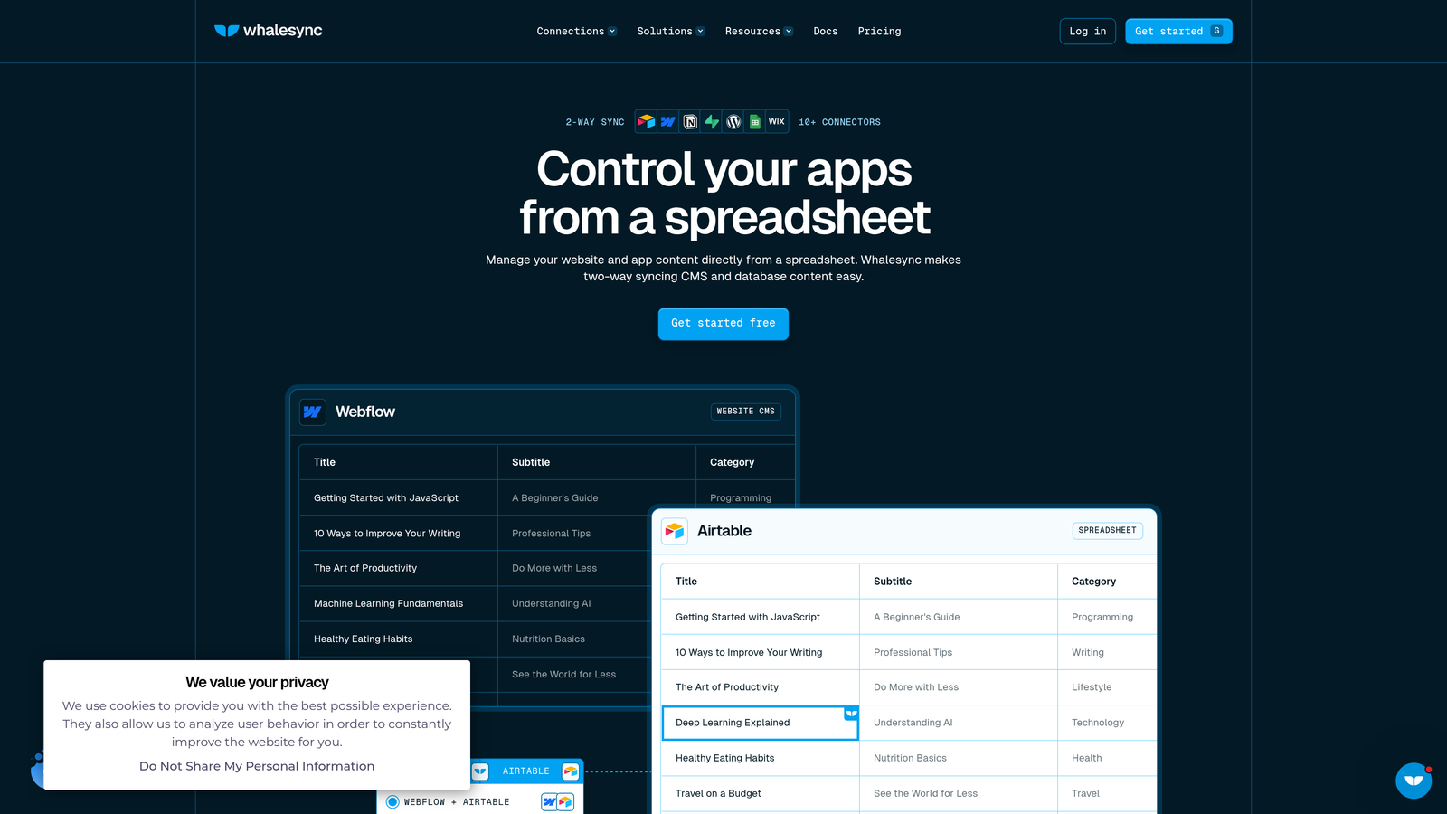 Screenshot of Whalesync website