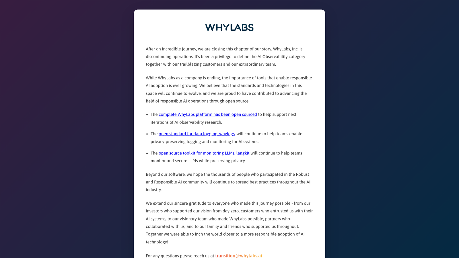 Screenshot of WhyLabs website