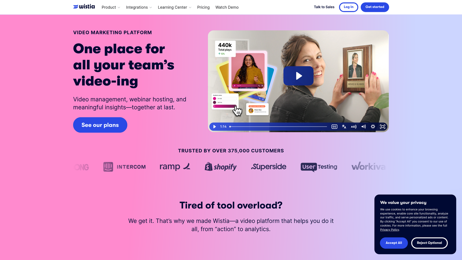 Screenshot of Wistia website homepage