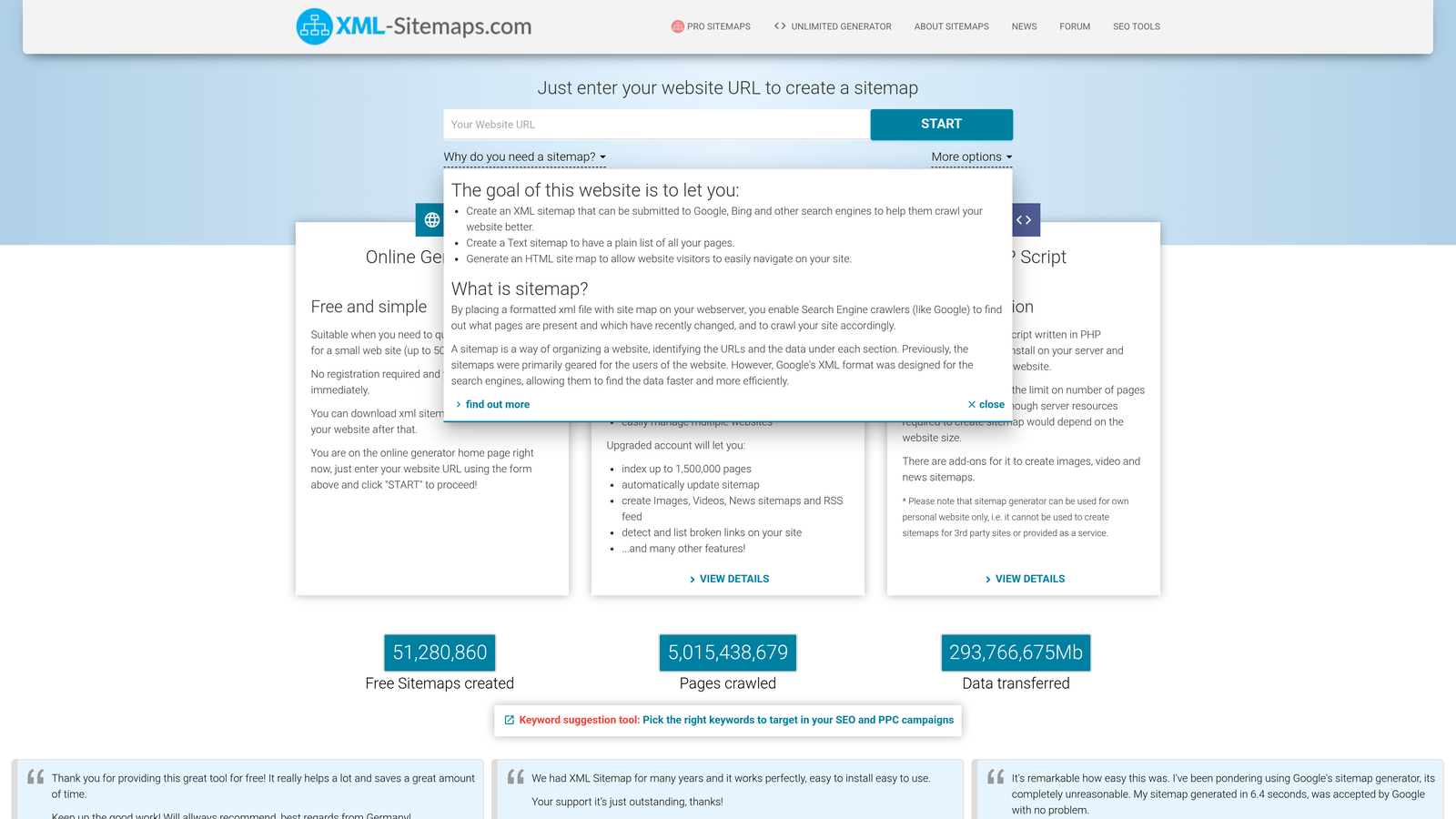 Screenshot of XML-Sitemaps.com website