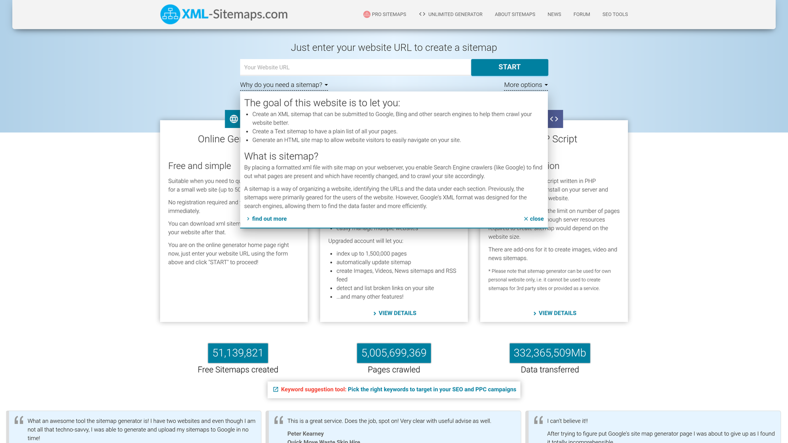 Screenshot of XML Sitemaps Generator website homepage