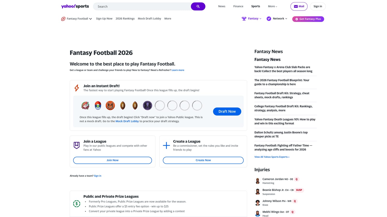 Screenshot of Yahoo Fantasy Football website