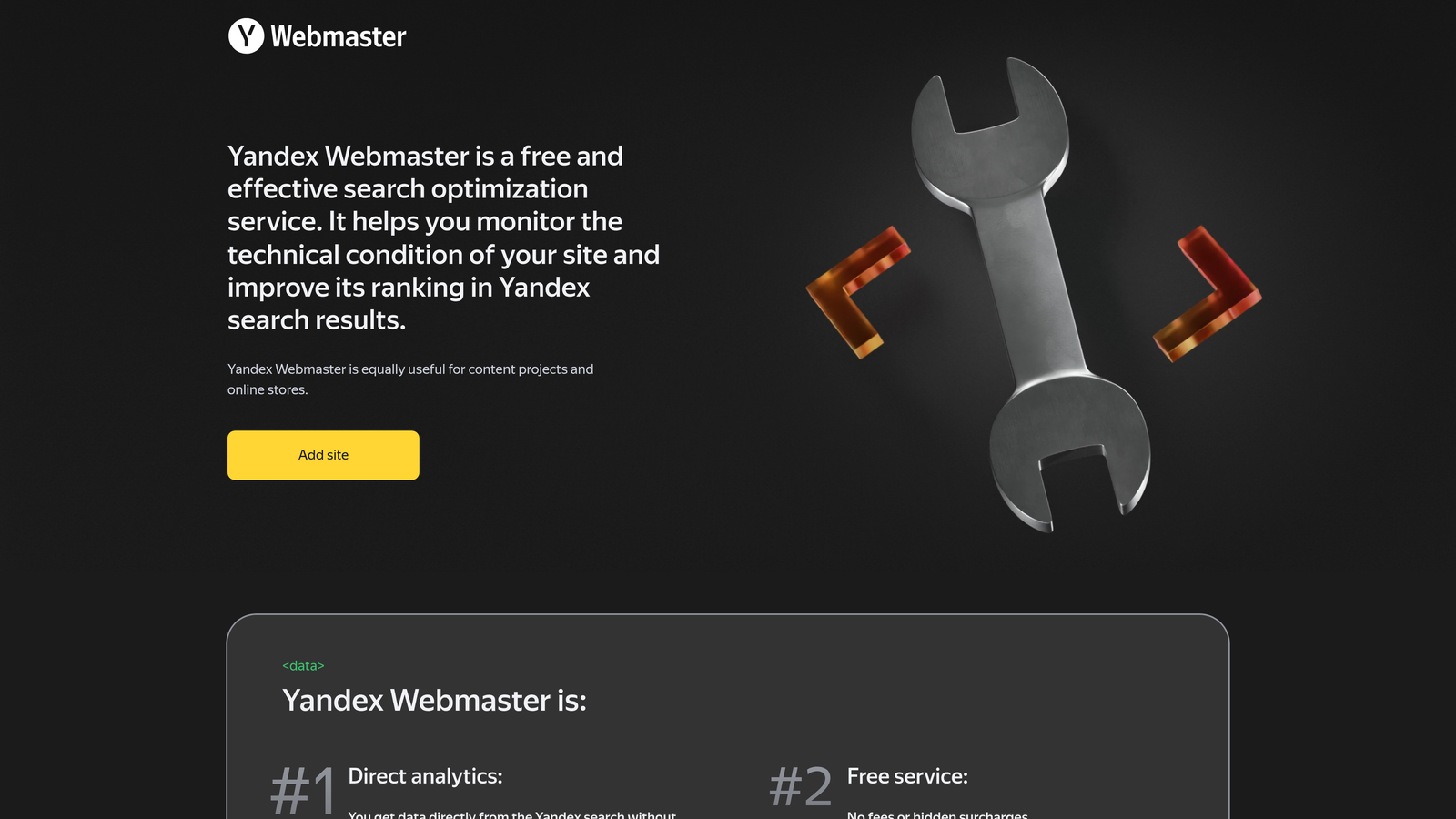 Screenshot of Yandex Webmaster website homepage