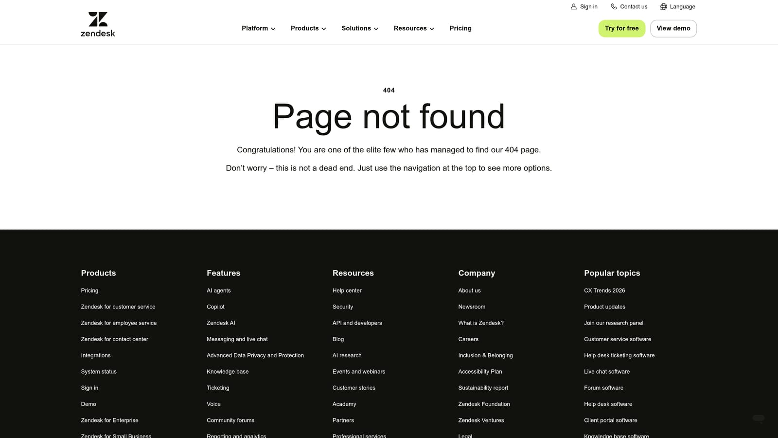 Screenshot of Zendesk AI website