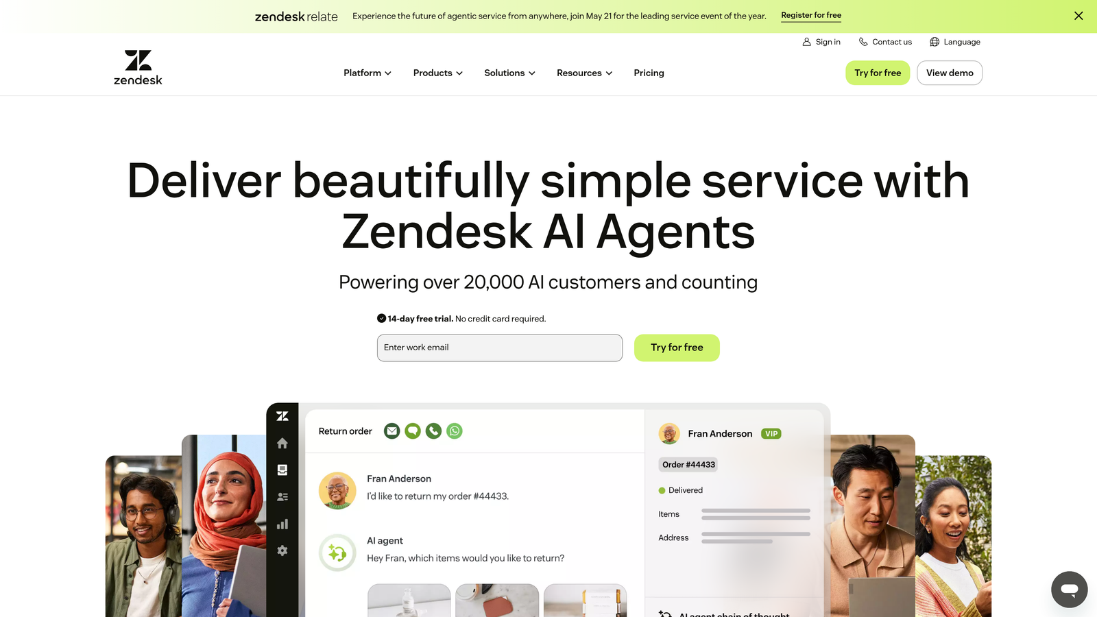 Screenshot of Zendesk website
