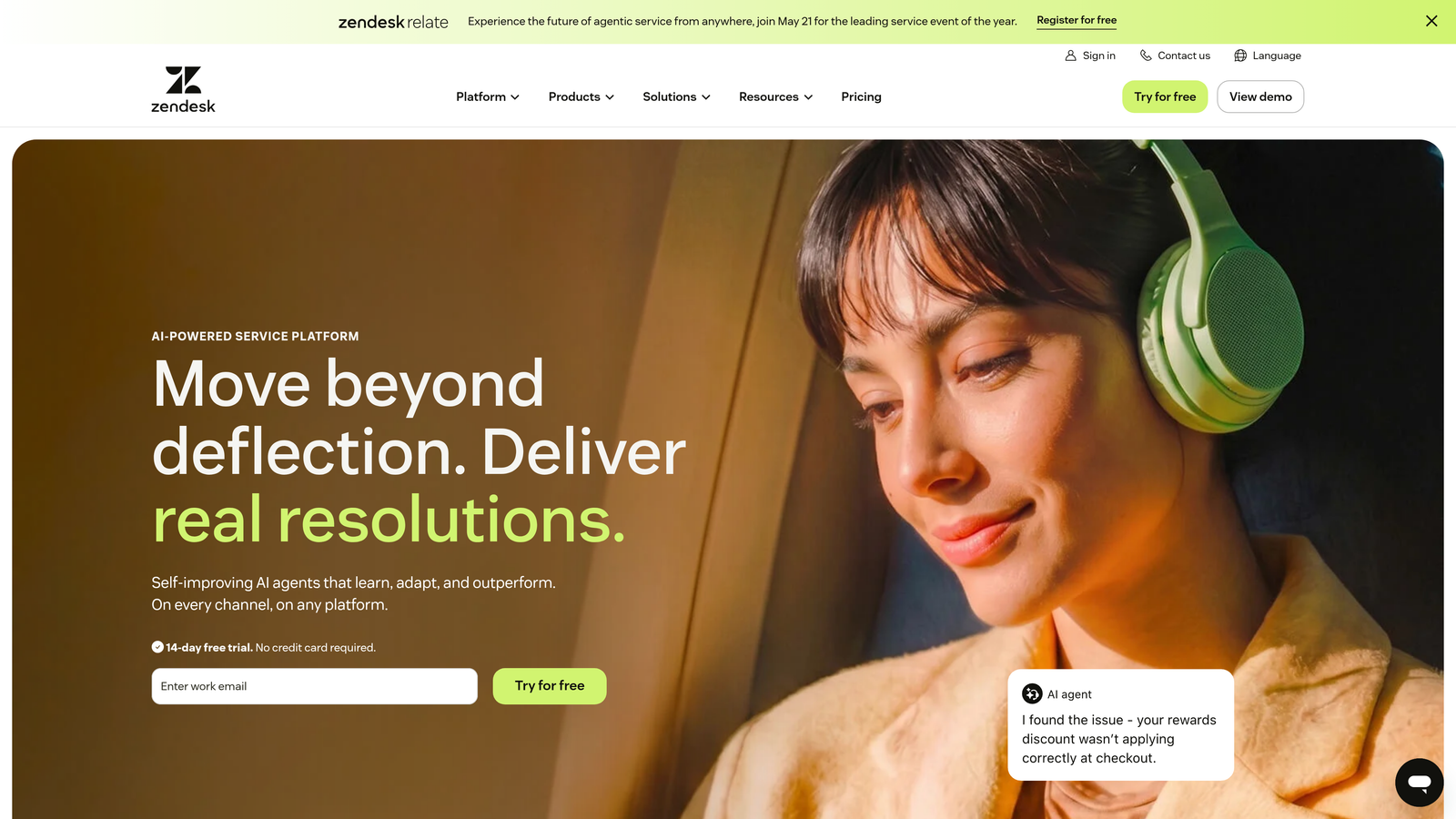 Screenshot of Zendesk website
