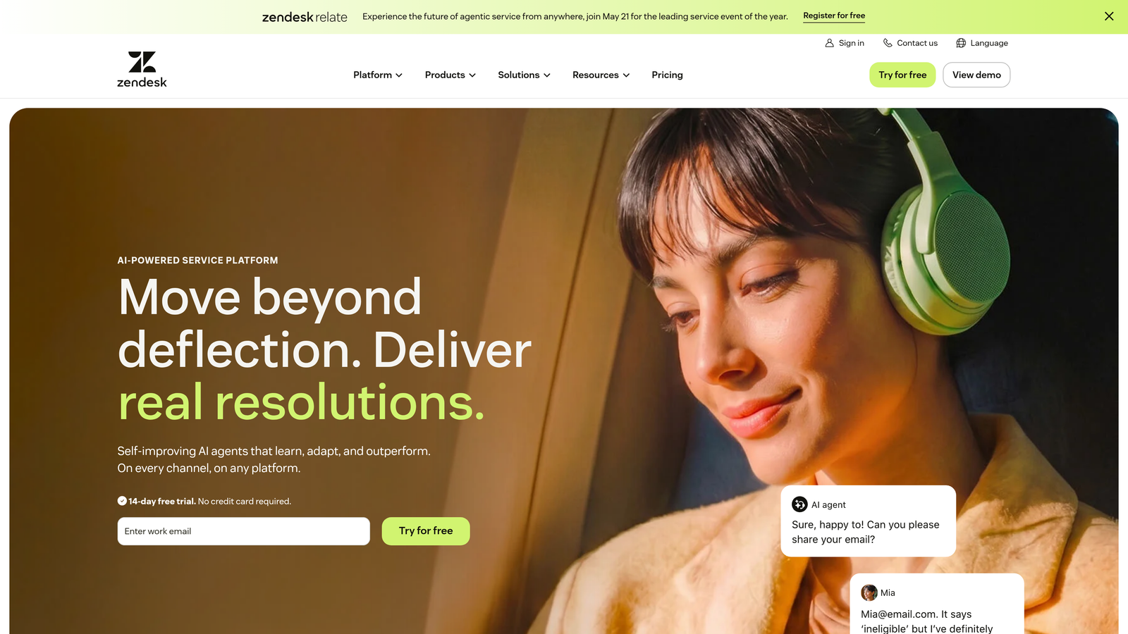 Screenshot of Zendesk website