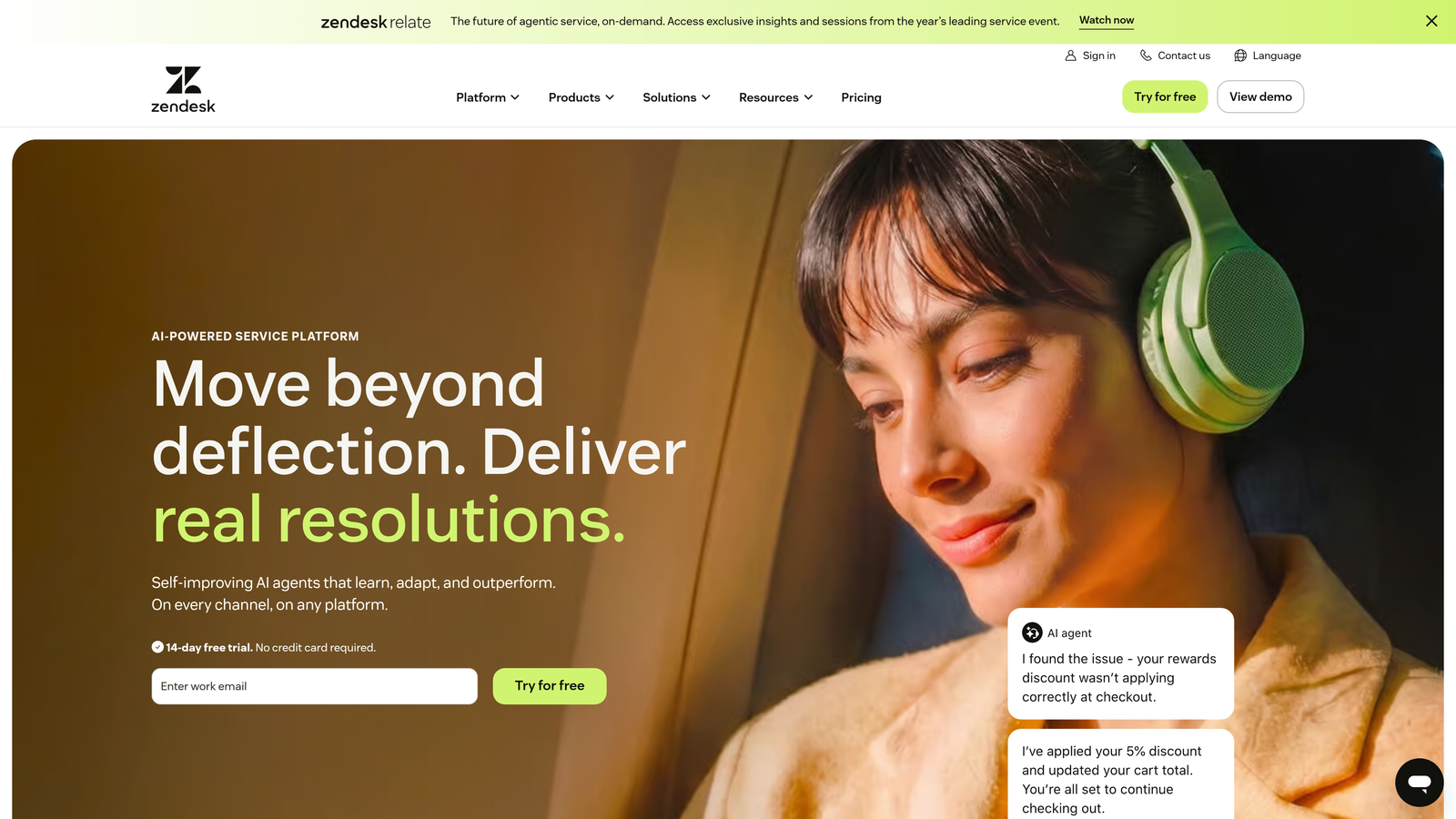 Screenshot of Zendesk website