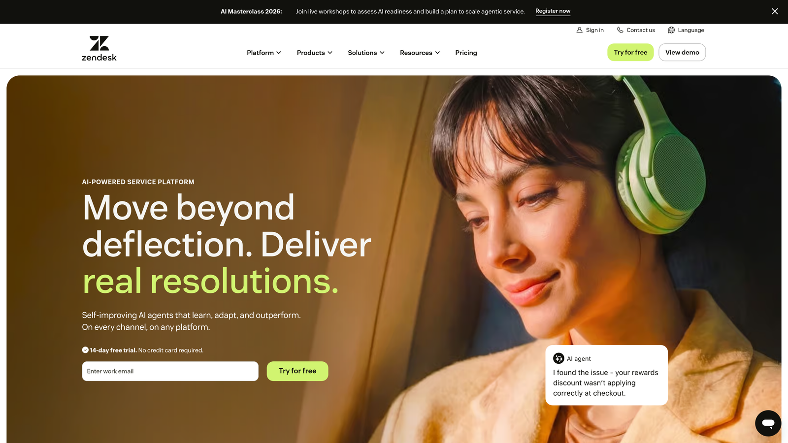 Screenshot of Zendesk website