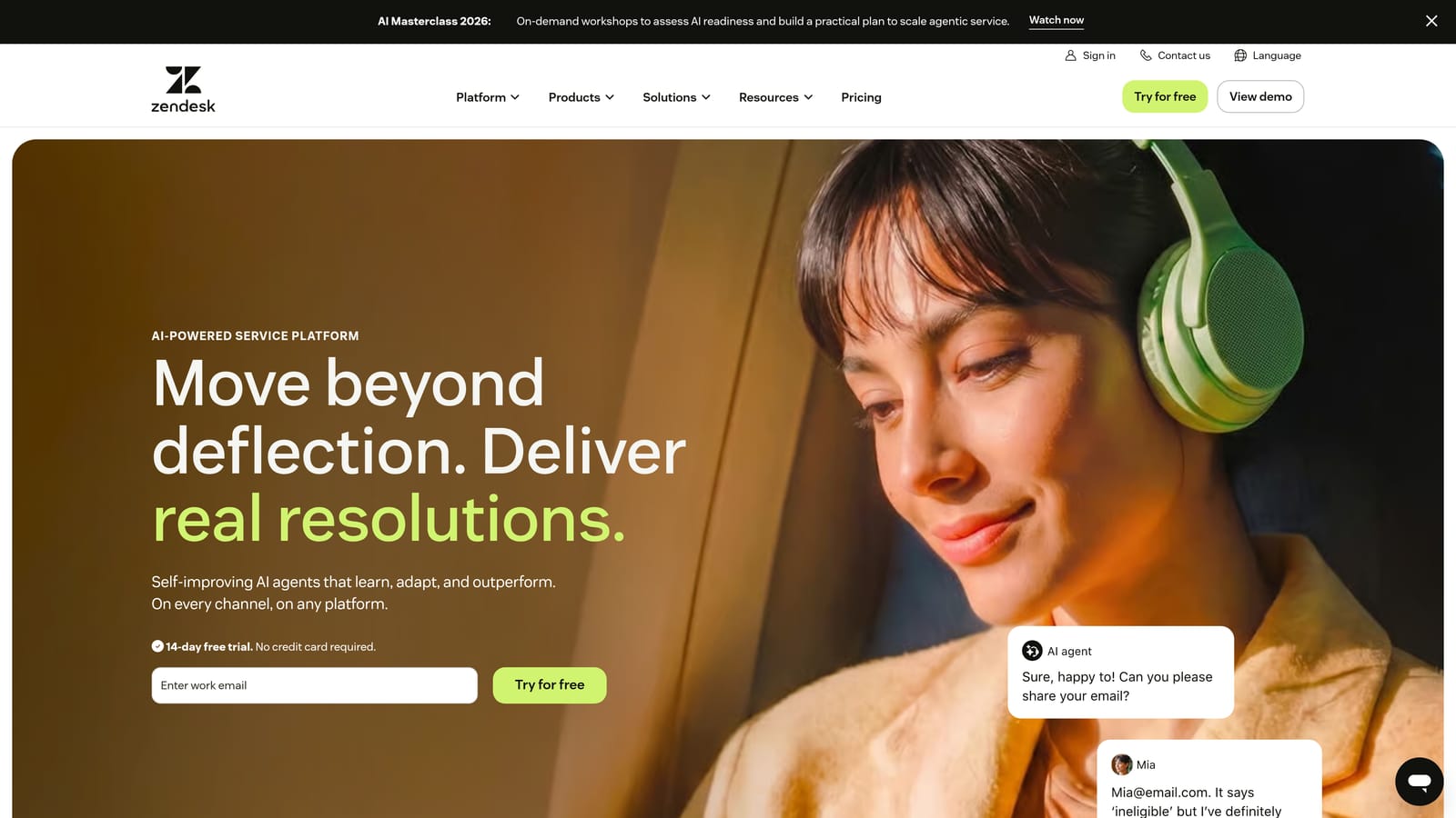 Screenshot of Zendesk website