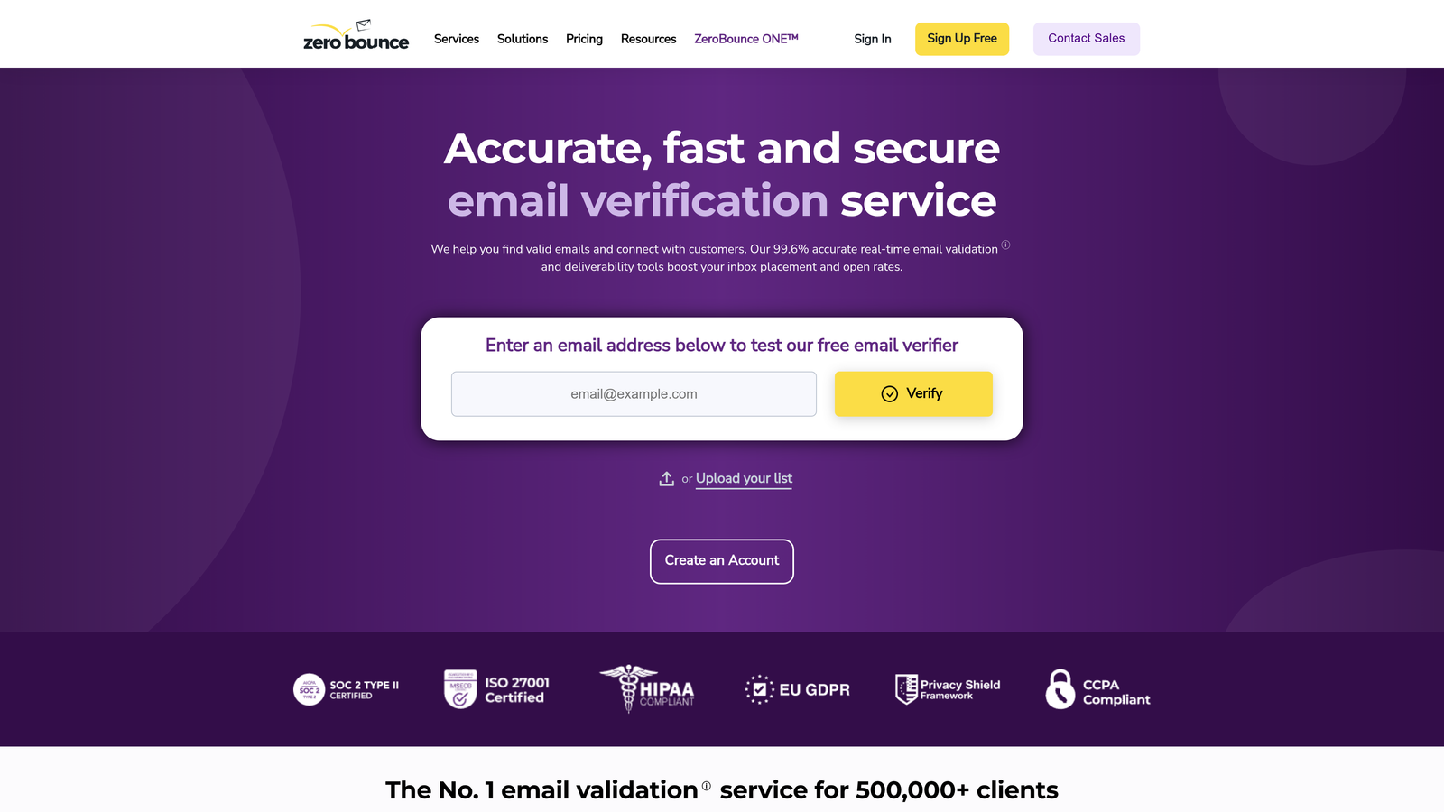 Screenshot of ZeroBounce website