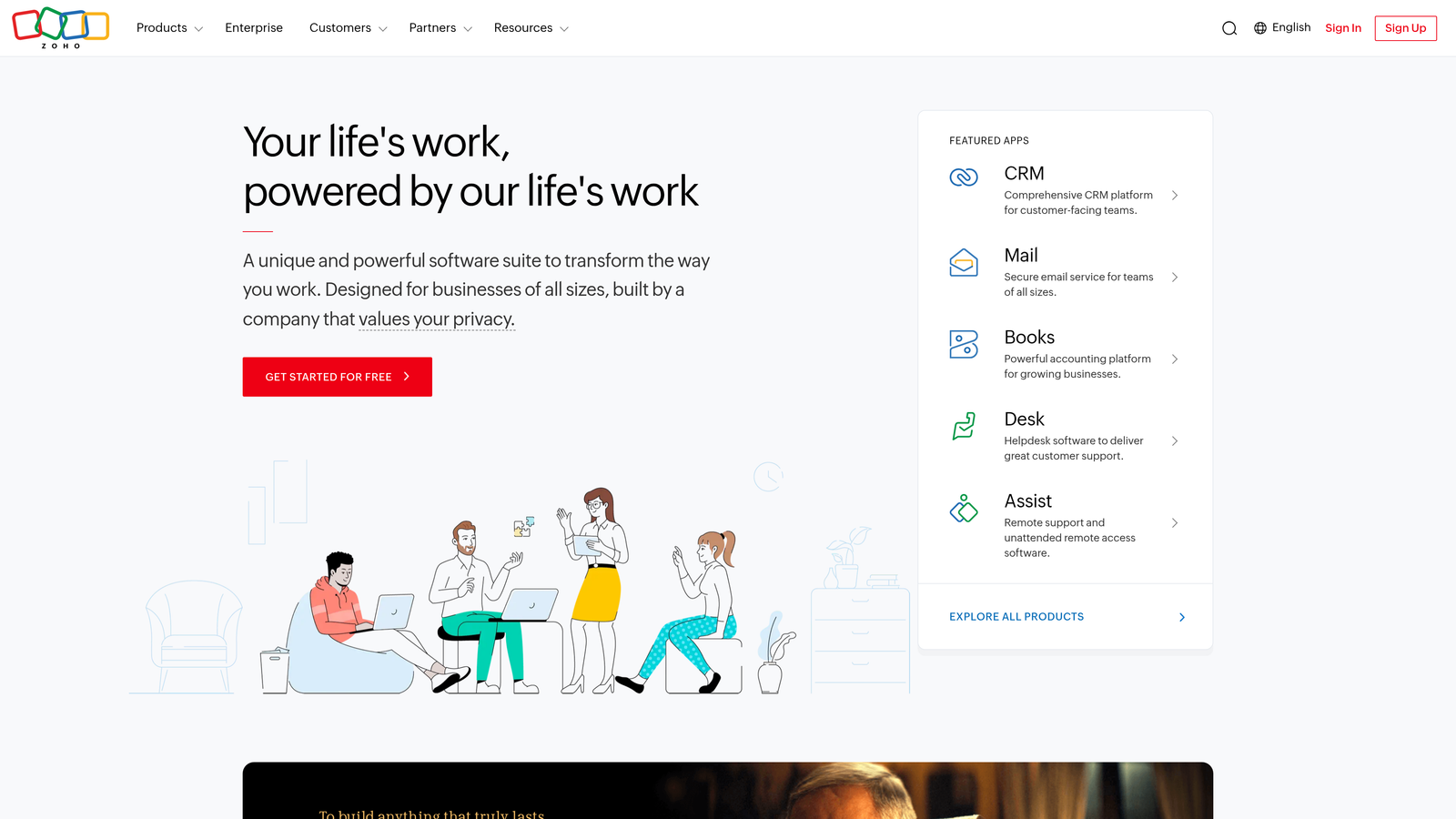 Screenshot of Zoho CRM website homepage