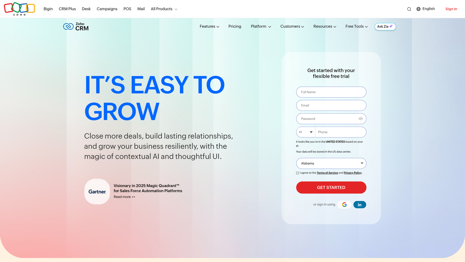 Screenshot of Zoho CRM website