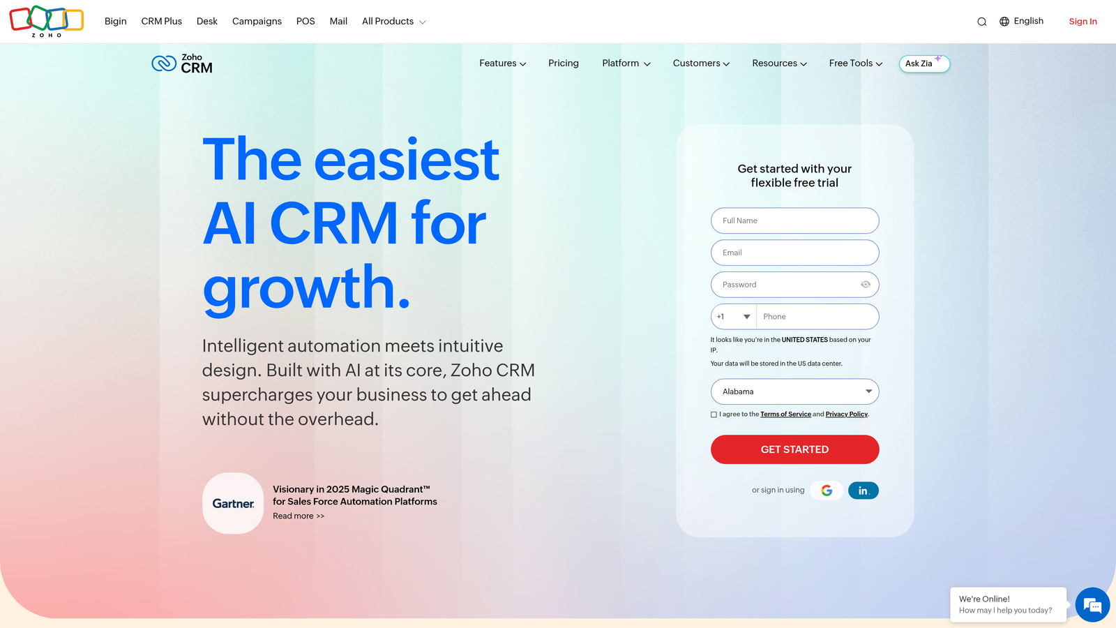 Screenshot of Zoho CRM website
