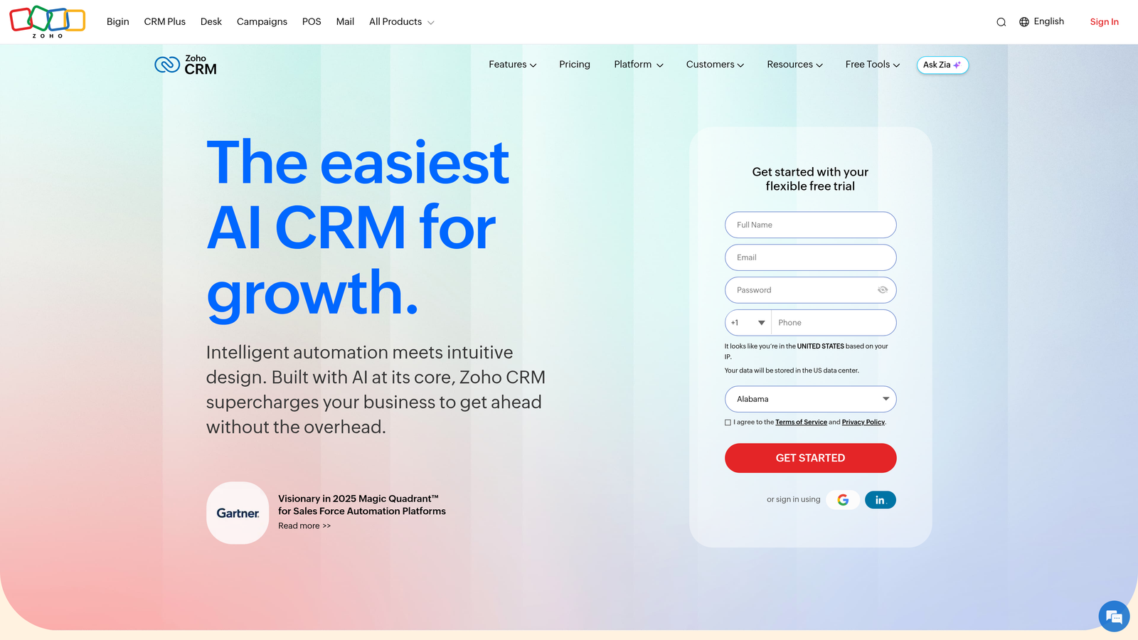Screenshot of Zoho CRM website