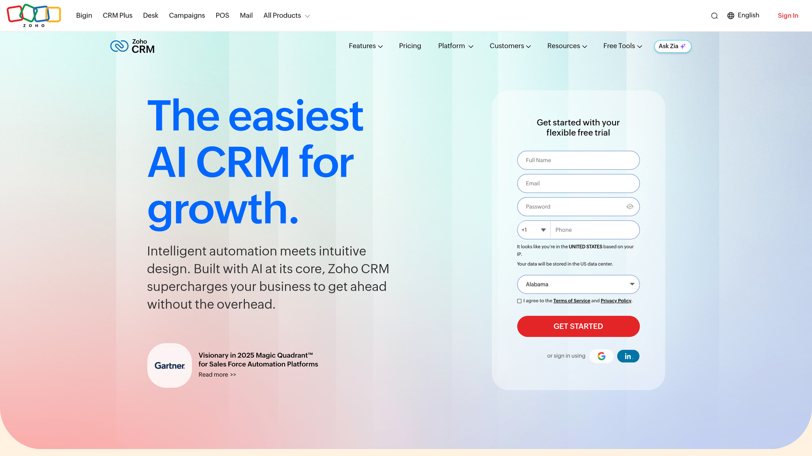 Screenshot of Zoho CRM website