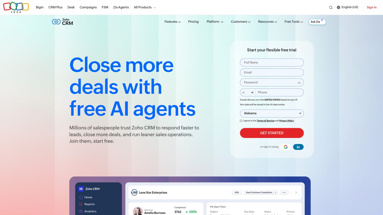 Screenshot of Zoho CRM website