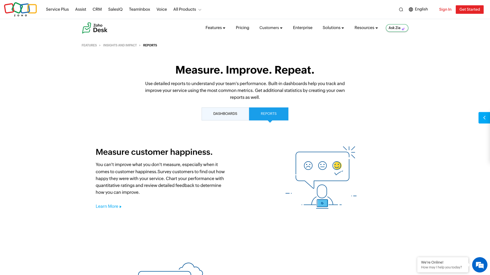 Screenshot of Zoho Desk Reports website