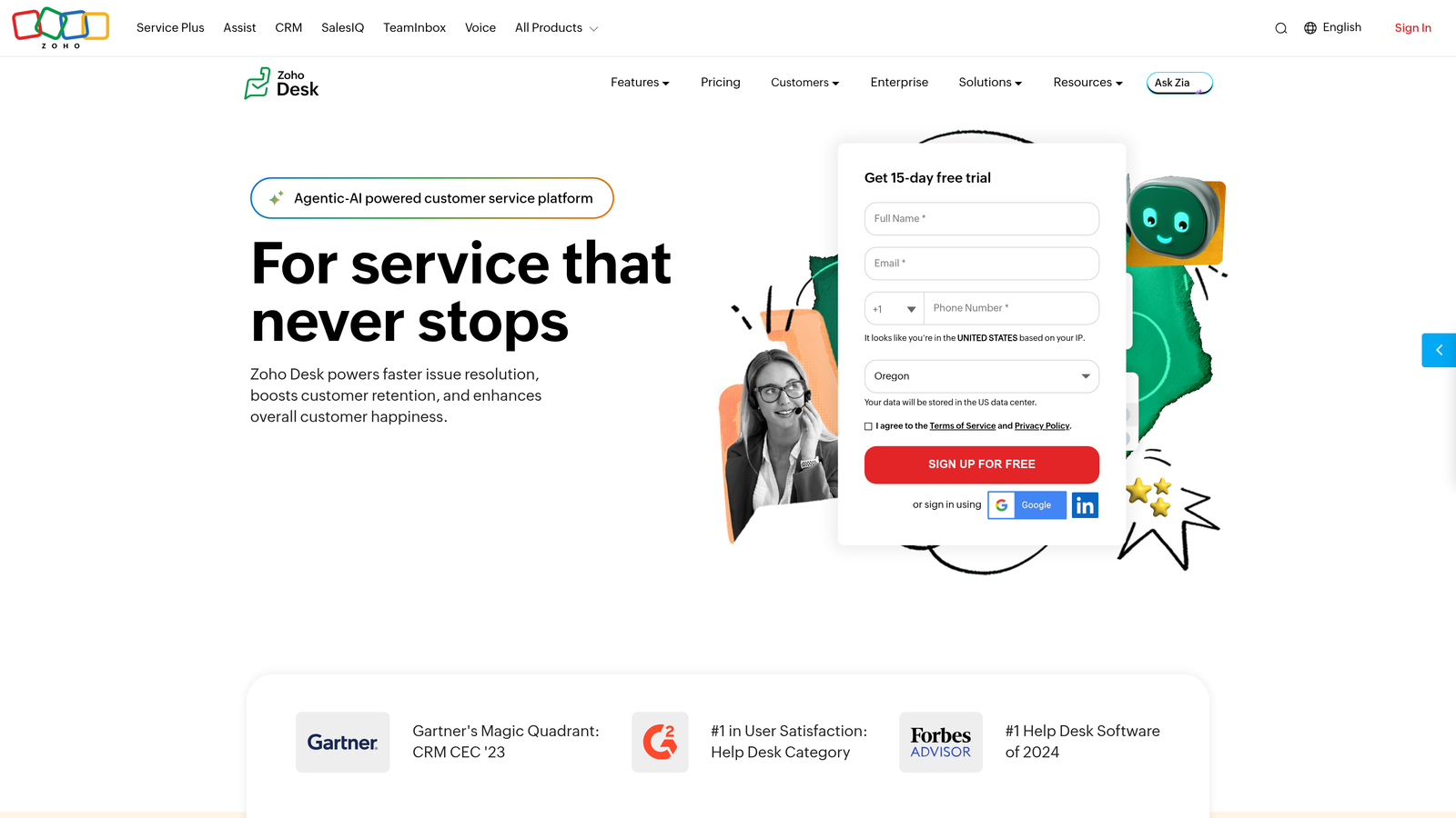 Screenshot of Zoho Desk website