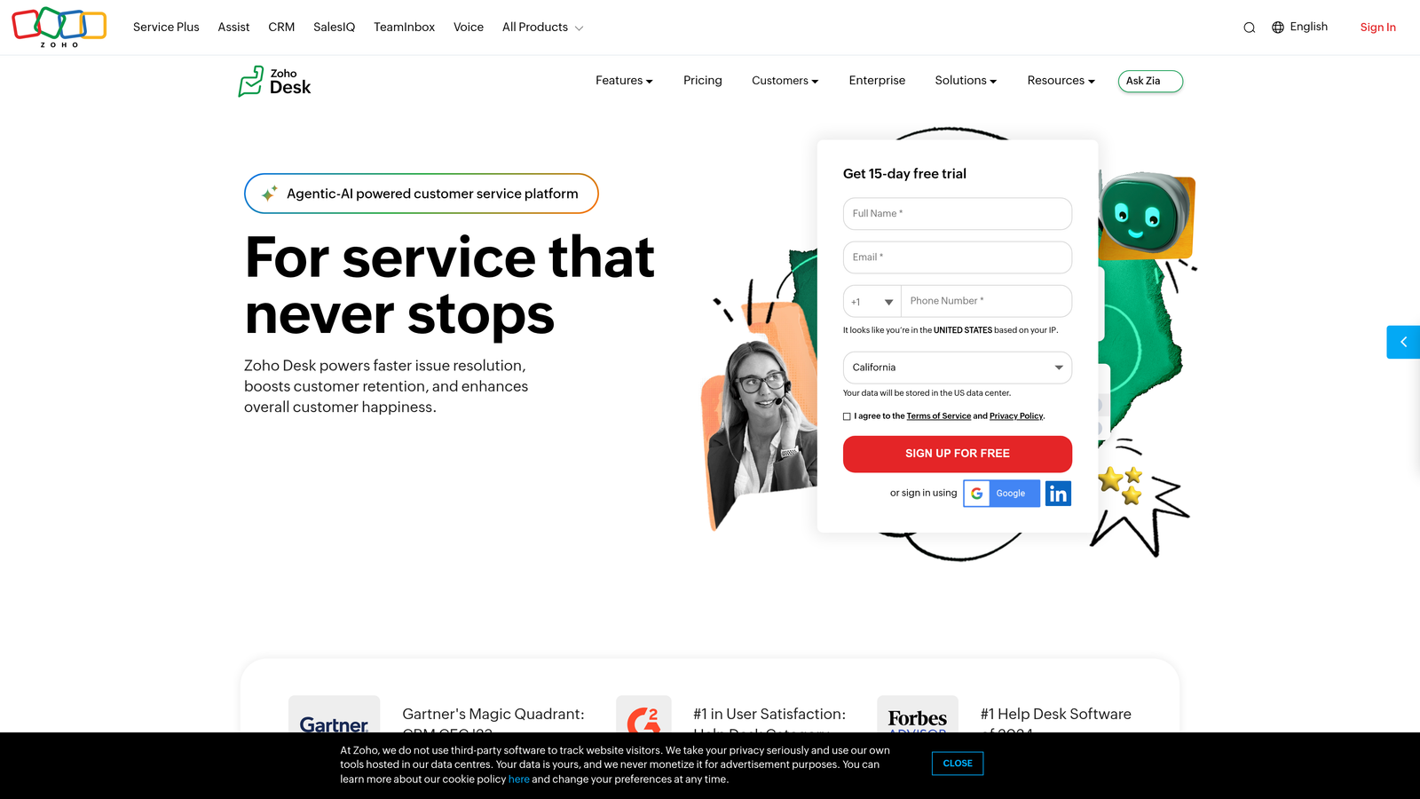 Screenshot of Zoho Desk website