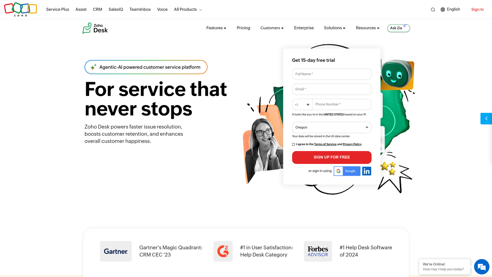 Screenshot of Zoho Desk with Zia AI website