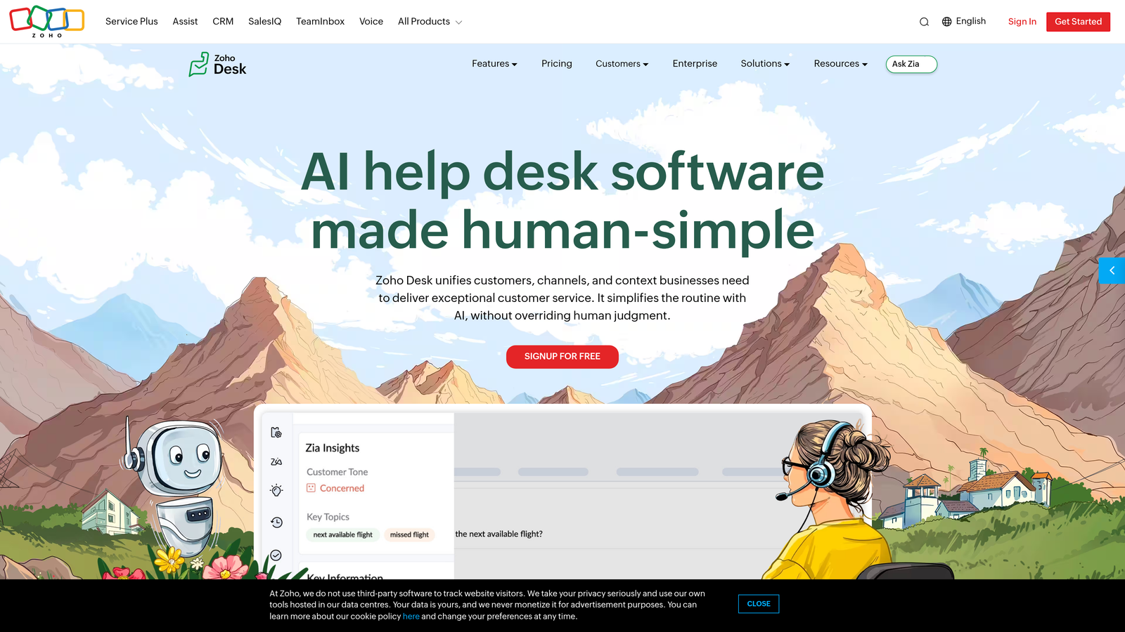 Screenshot of Zoho Desk Zia website