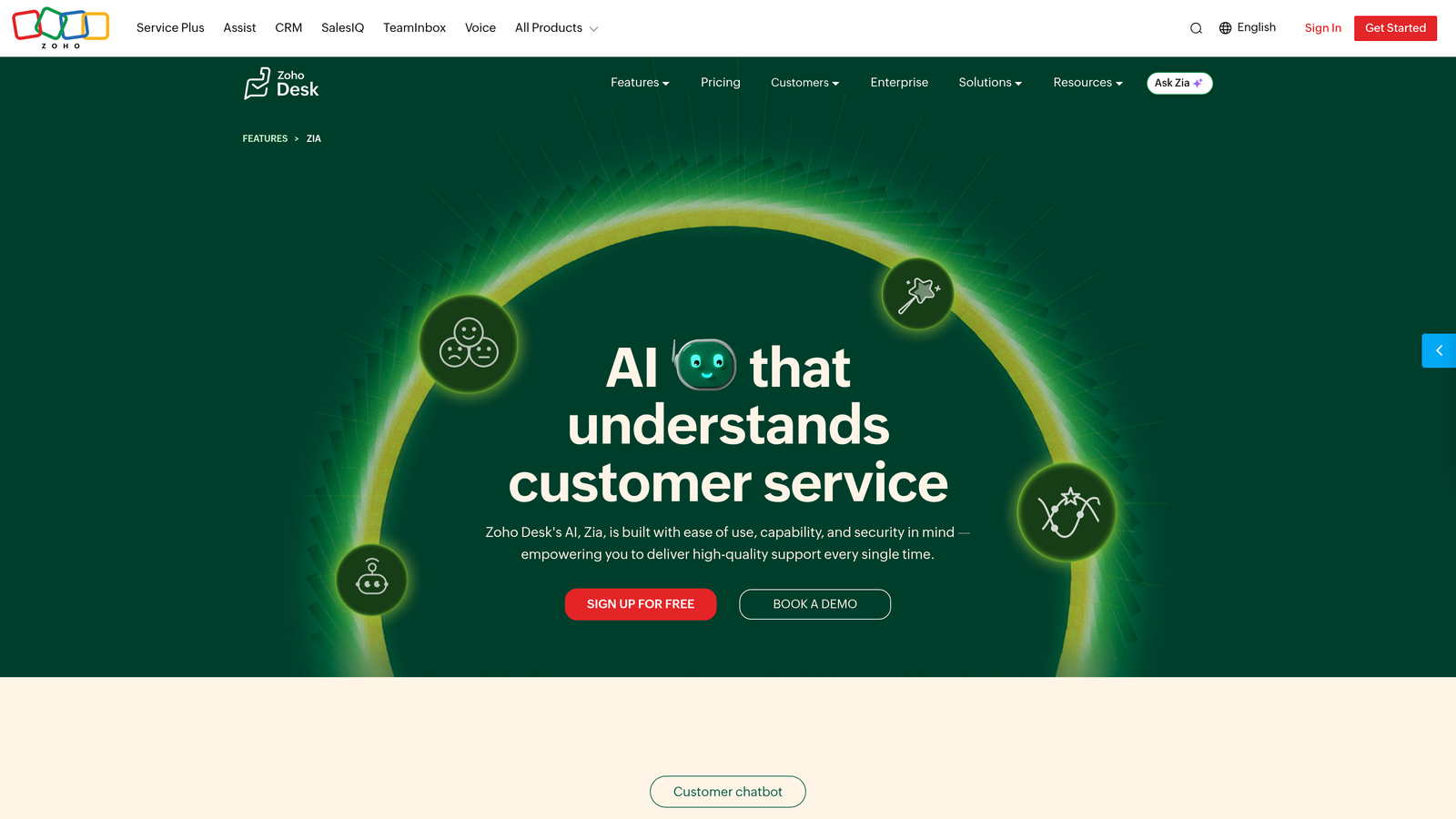 Screenshot of Zoho Desk Zia website