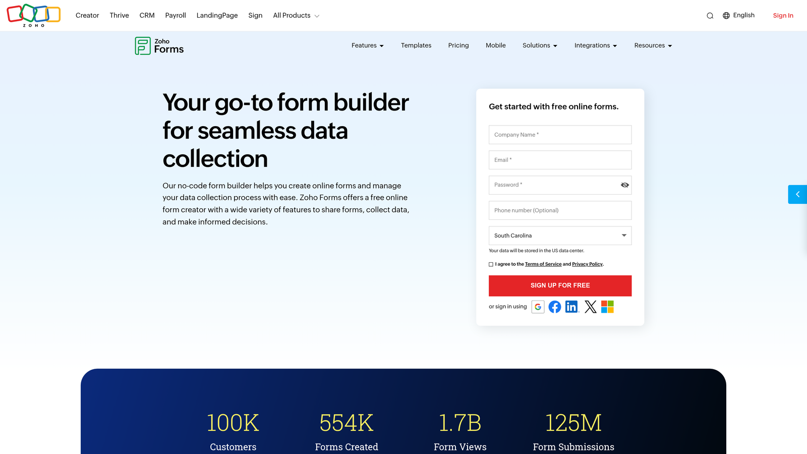 Screenshot of Zoho Forms website
