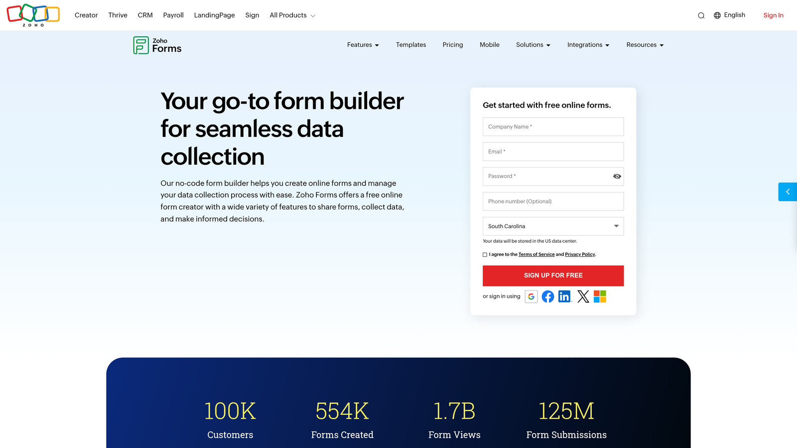 Screenshot of Zoho Forms website