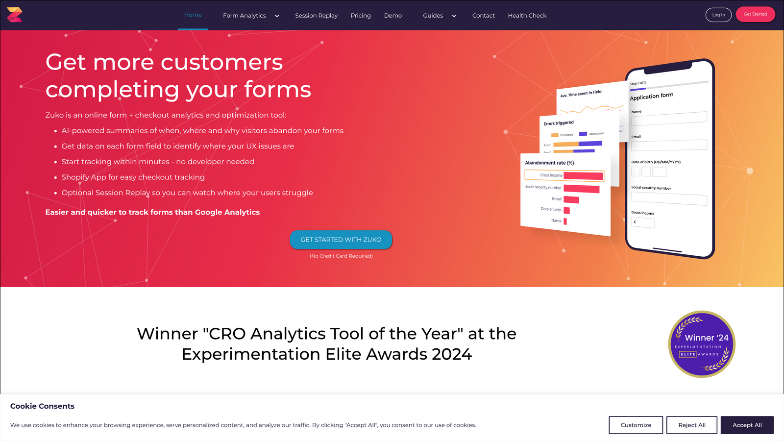 Screenshot of Zuko Analytics website