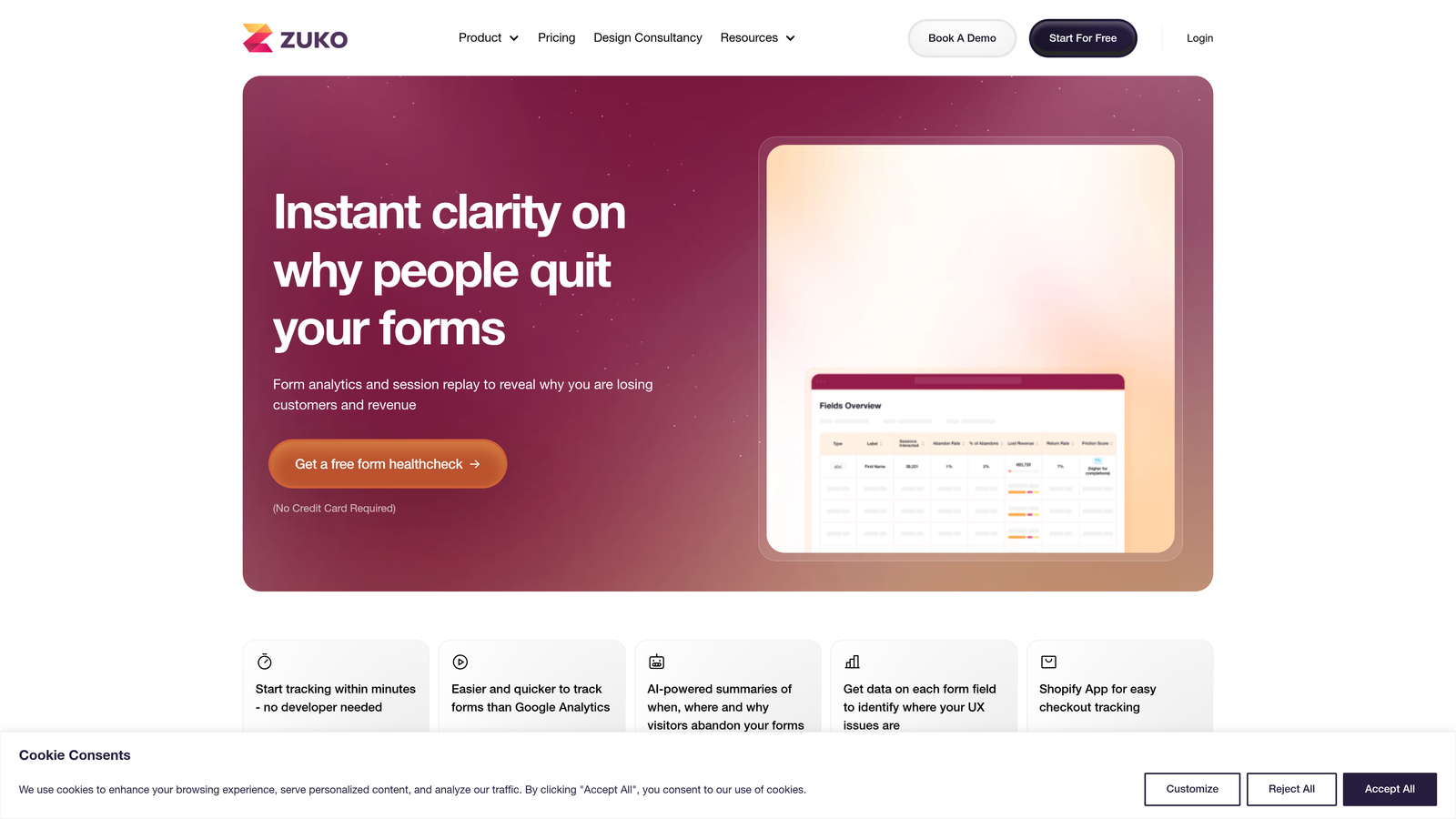 Screenshot of Zuko Analytics website