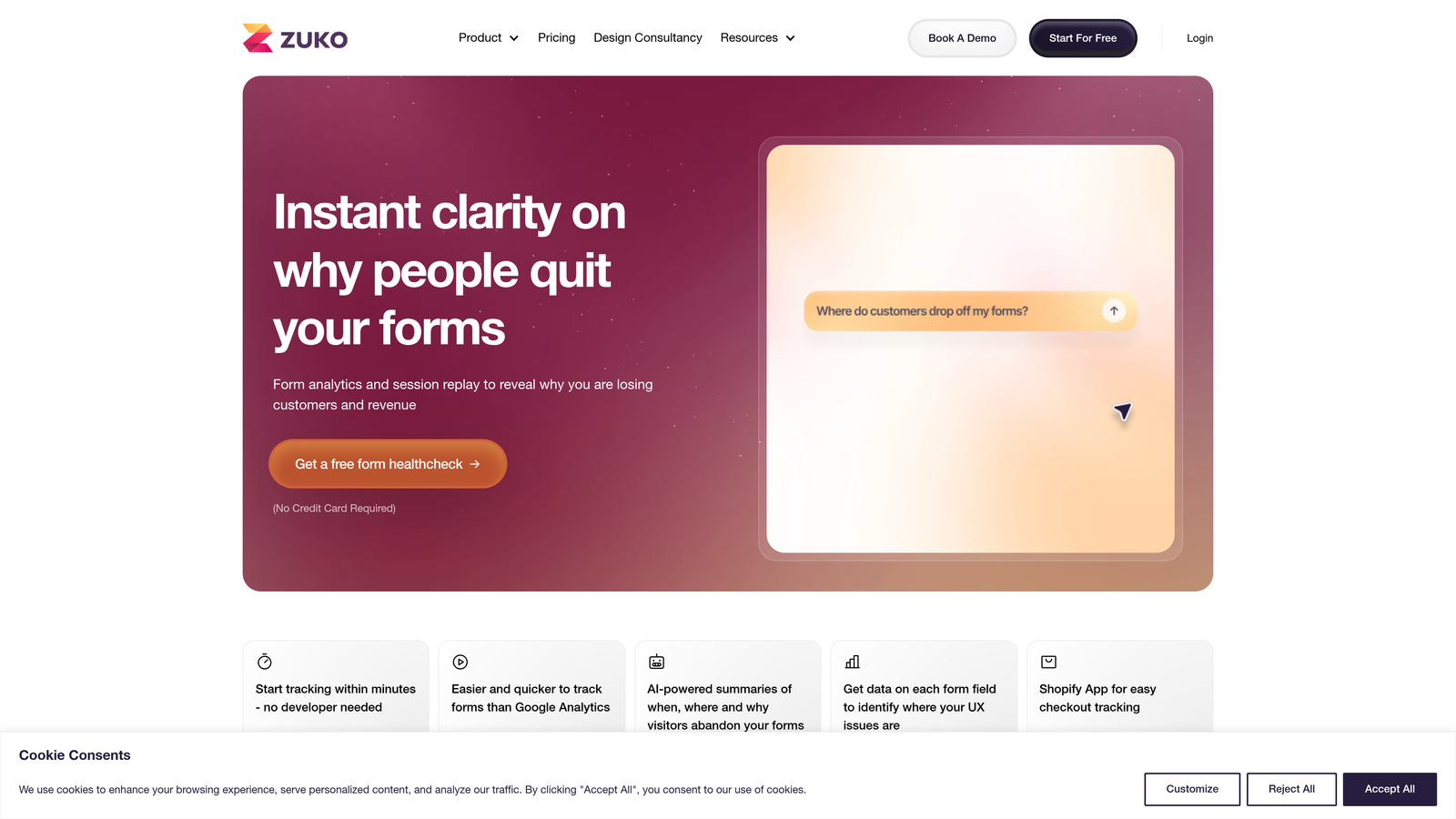 Screenshot of Zuko Analytics website