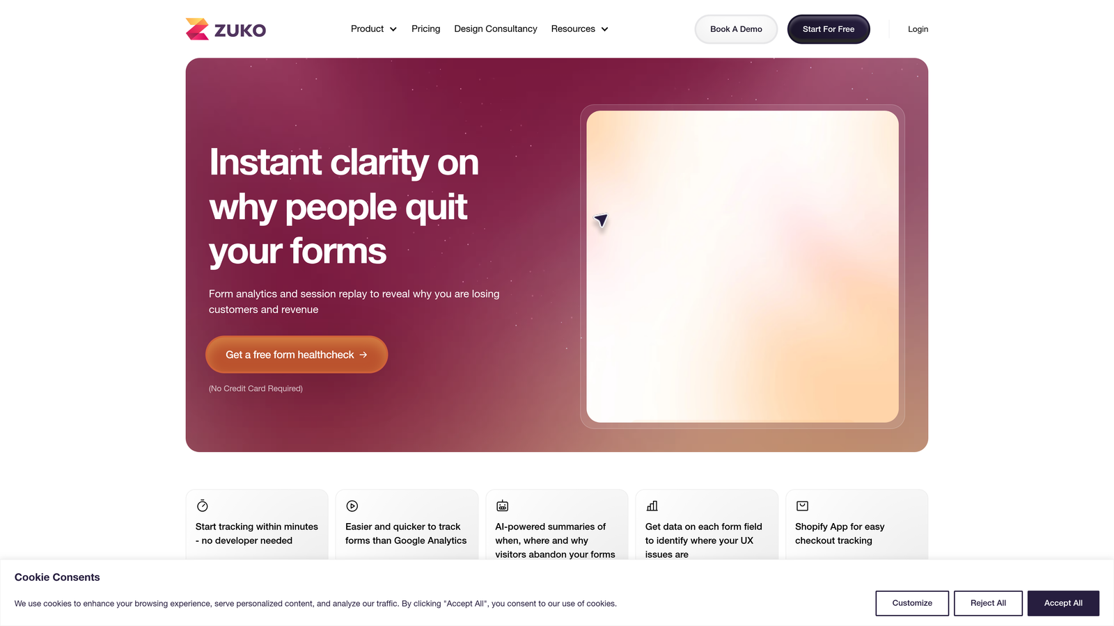 Screenshot of Zuko Analytics website
