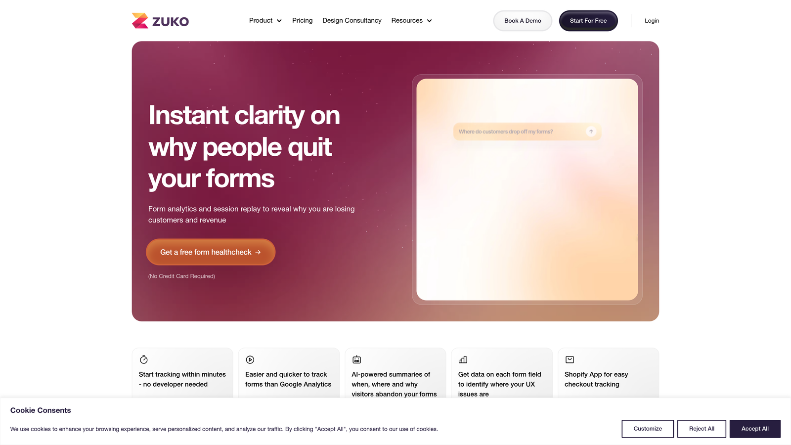 Screenshot of Zuko Analytics website