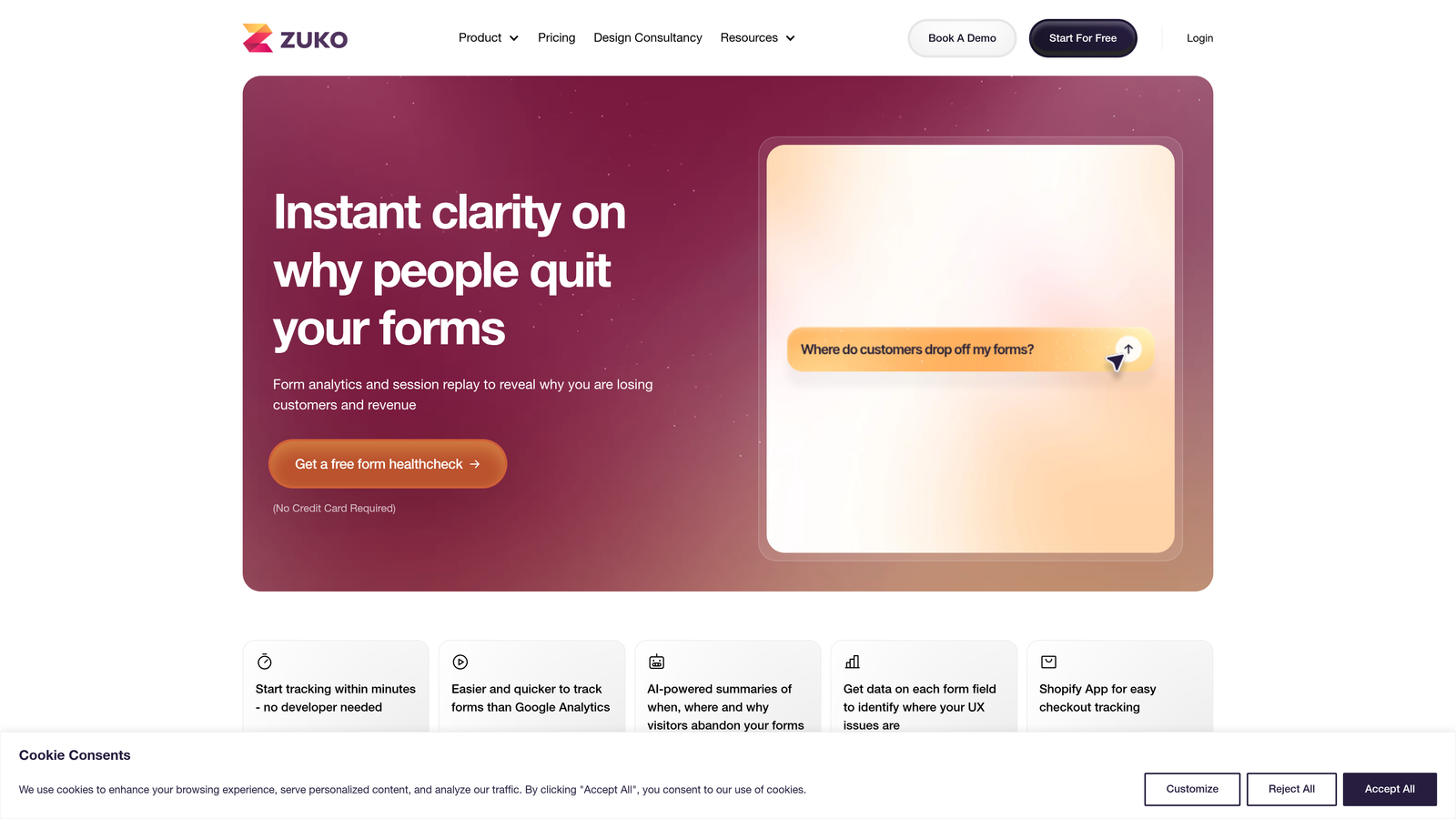 Screenshot of Zuko Analytics website