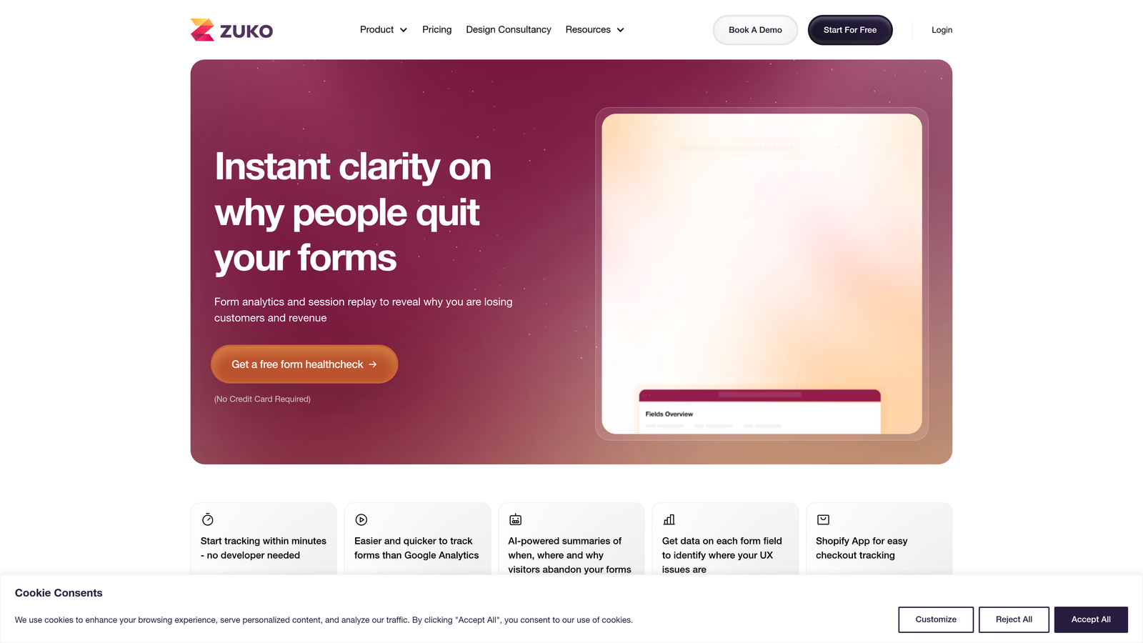 Screenshot of Zuko Analytics website