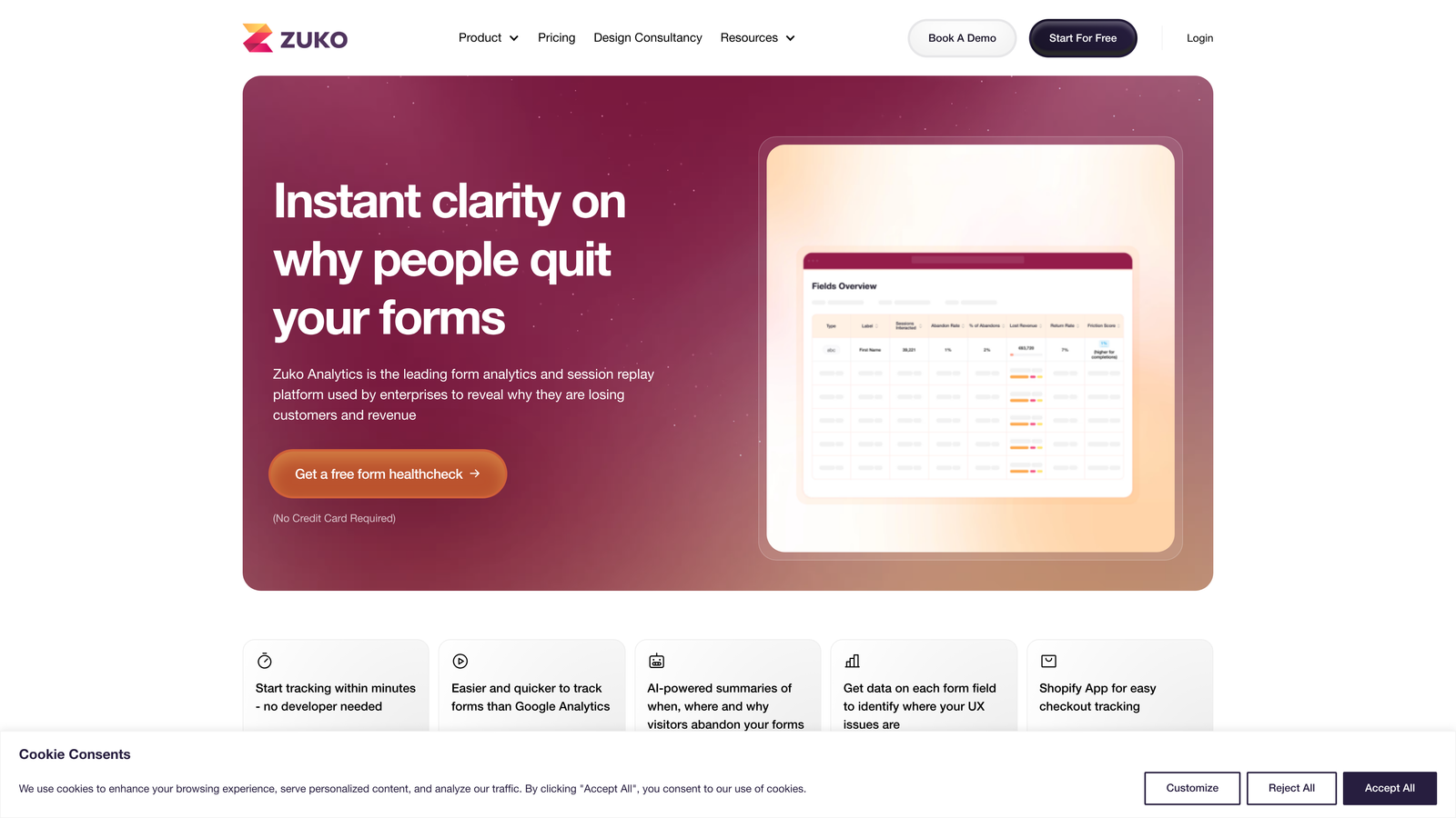 Screenshot of Zuko Analytics website