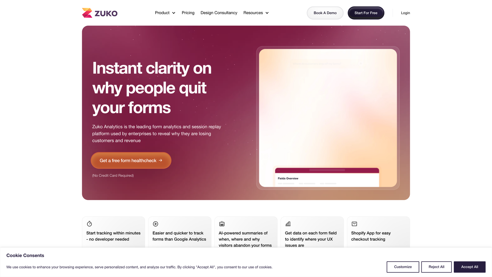 Screenshot of Zuko Analytics website