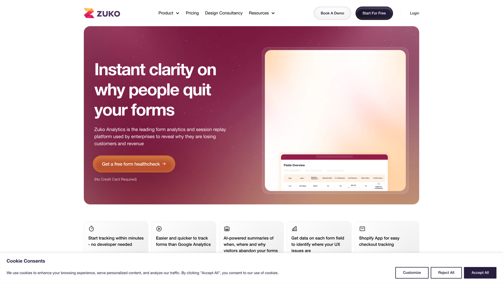 Screenshot of Zuko Analytics website